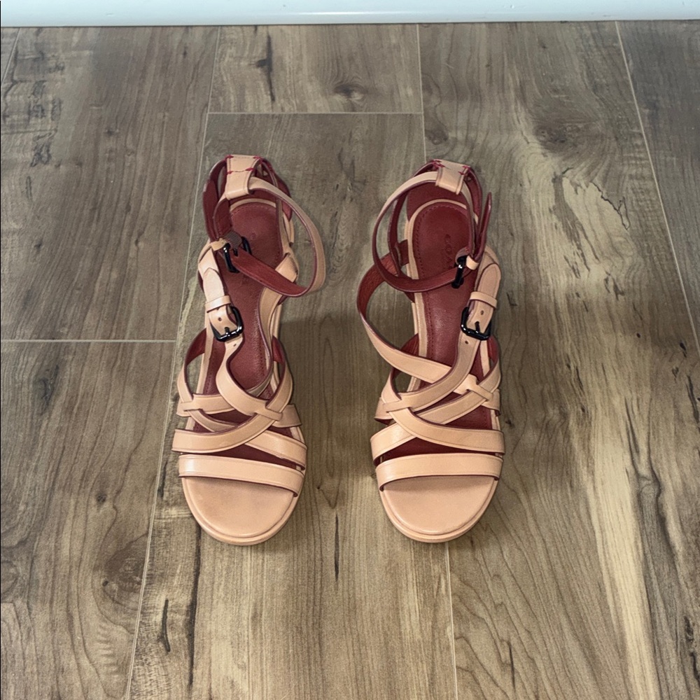 Coach Beige Leather Strappy Wedge Sandals with Red Accents Size 9 GUC - Picture 4 of 7